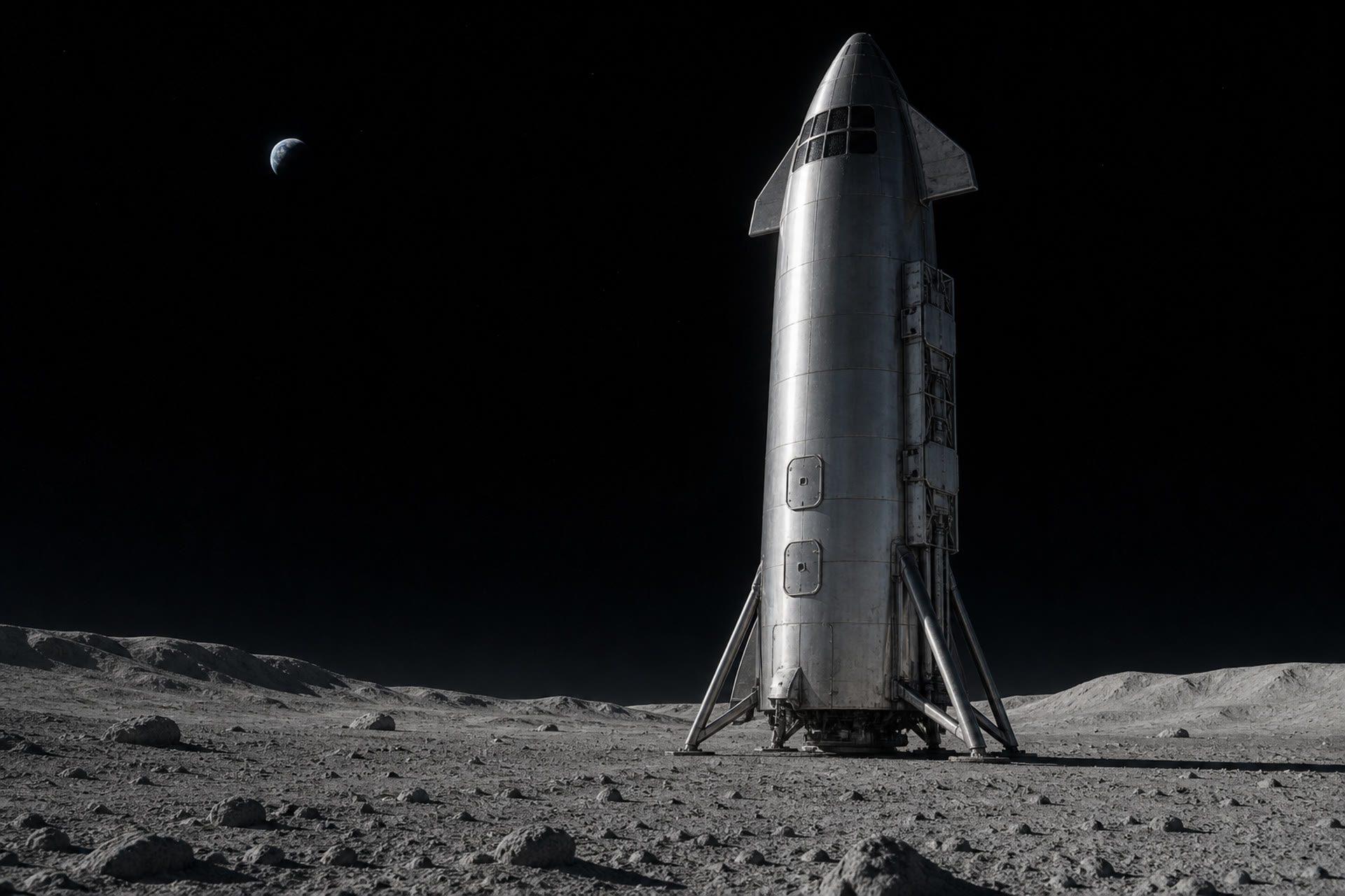 A stainless Starship on landing legs on a gray lunar plain, Earth a thin crescent in black sky.