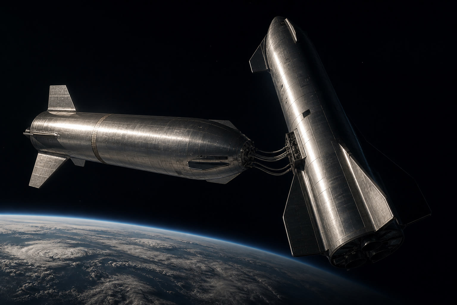 Two stainless Starships docked nose-to-nose in low Earth orbit for tanker refill, Earth’s blue limb below.